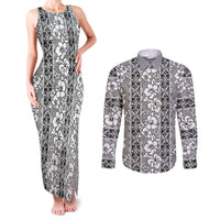 Hawaii Vintage Gray Hibiscus Tapa Pattern Couples Matching Tank Maxi Dress and Long Sleeve Button Shirt