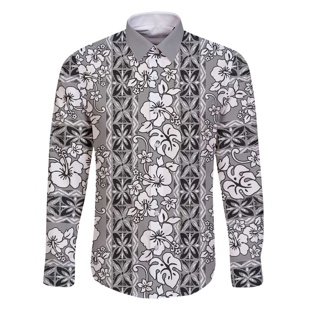 Hawaii Vintage Gray Hibiscus Tapa Pattern Family Matching Long Sleeve Bodycon Dress and Hawaiian Shirt