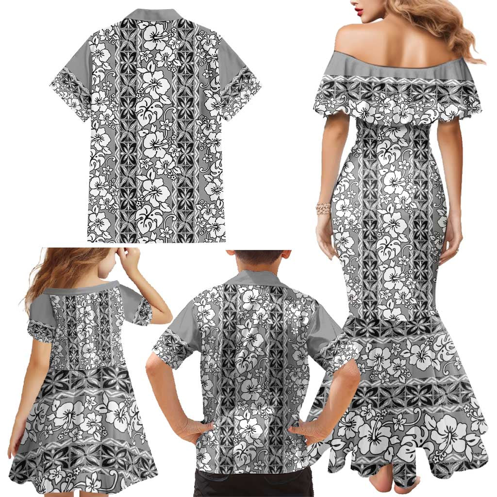 Hawaii Vintage Gray Hibiscus Tapa Pattern Family Matching Mermaid Dress and Hawaiian Shirt