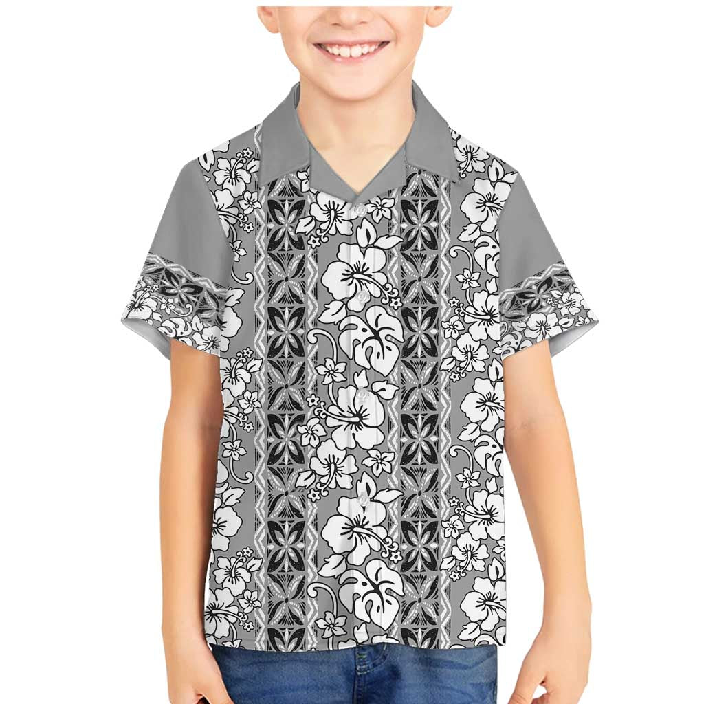 Hawaii Vintage Gray Hibiscus Tapa Pattern Family Matching Mermaid Dress and Hawaiian Shirt