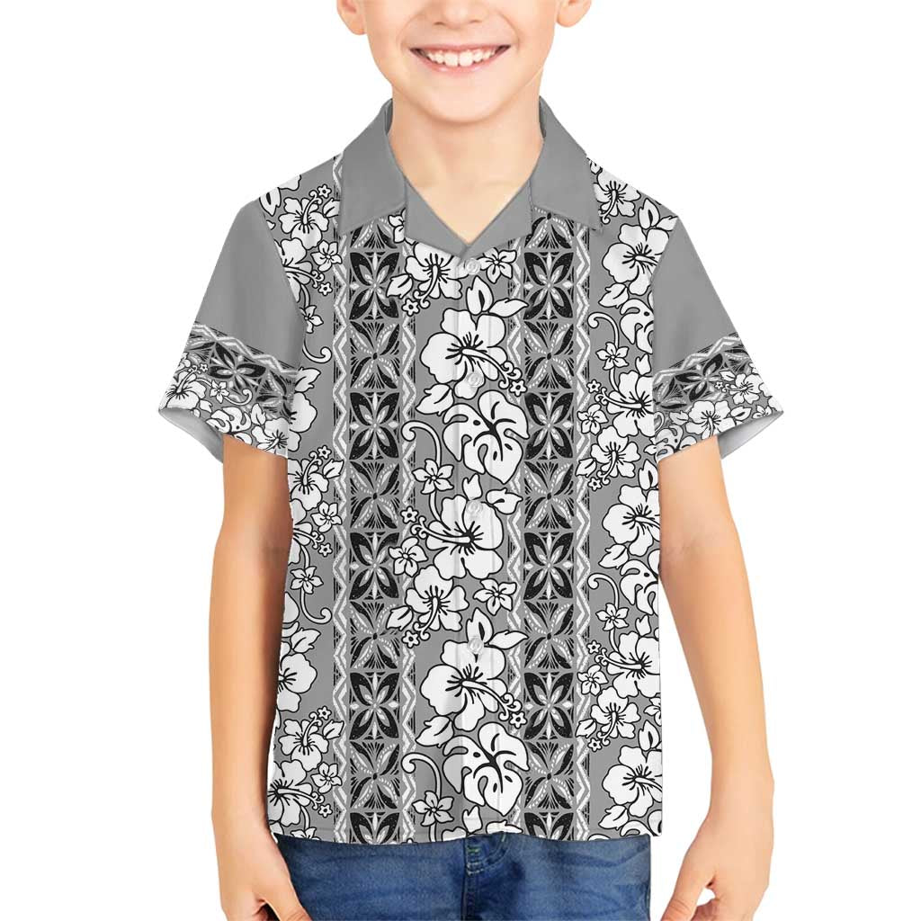 Hawaii Vintage Gray Hibiscus Tapa Pattern Family Matching Puletasi and Hawaiian Shirt