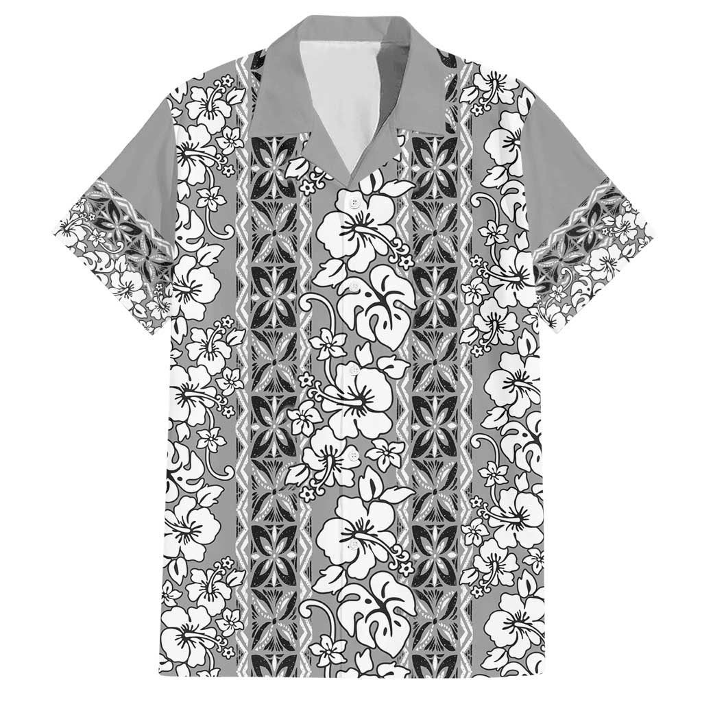 Hawaii Vintage Gray Hibiscus Tapa Pattern Family Matching Short Sleeve Bodycon Dress and Hawaiian Shirt