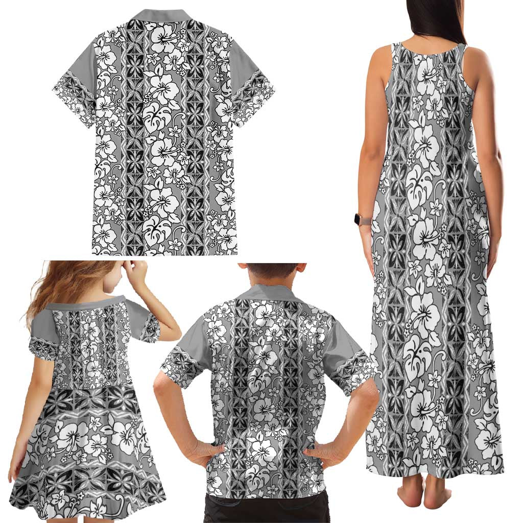 Hawaii Vintage Gray Hibiscus Tapa Pattern Family Matching Tank Maxi Dress and Hawaiian Shirt