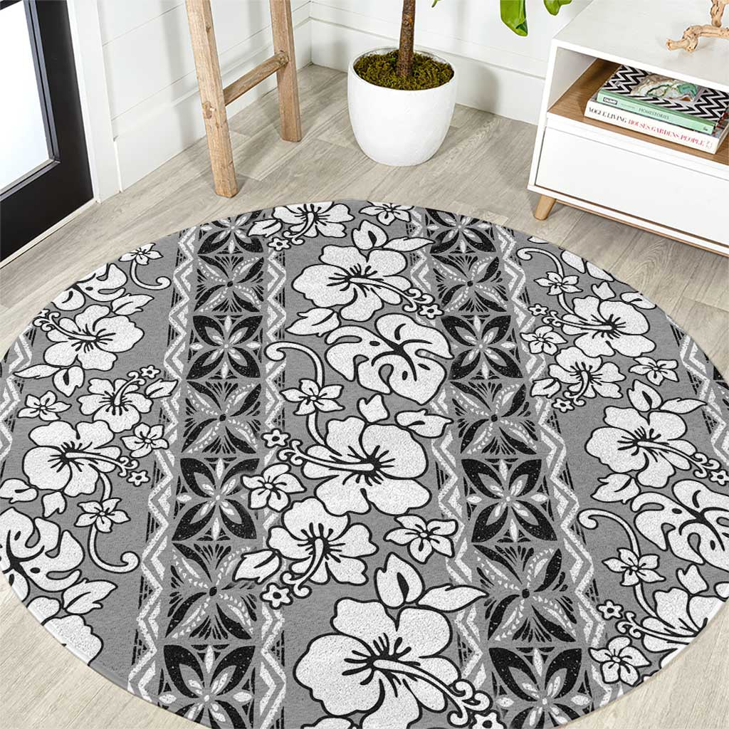 Hawaii Vintage Gray Hibiscus Tapa Pattern Round Carpet LT05 Gray - Polynesian Pride