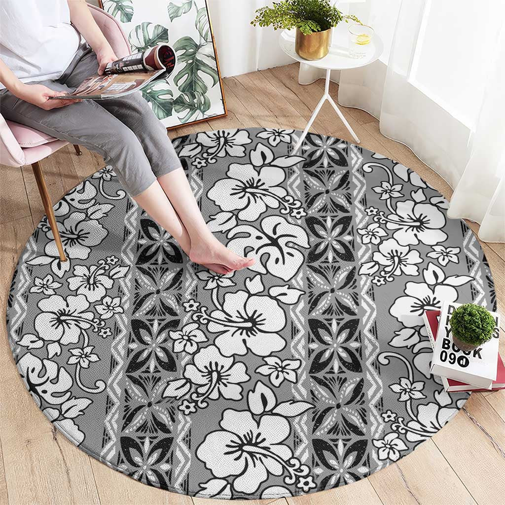 Hawaii Vintage Gray Hibiscus Tapa Pattern Round Carpet LT05 - Polynesian Pride