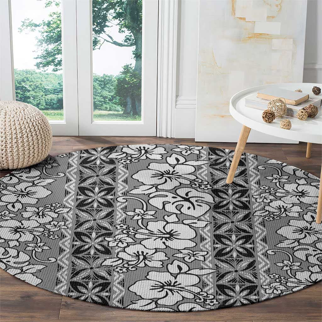 Hawaii Vintage Gray Hibiscus Tapa Pattern Round Carpet LT05 - Polynesian Pride
