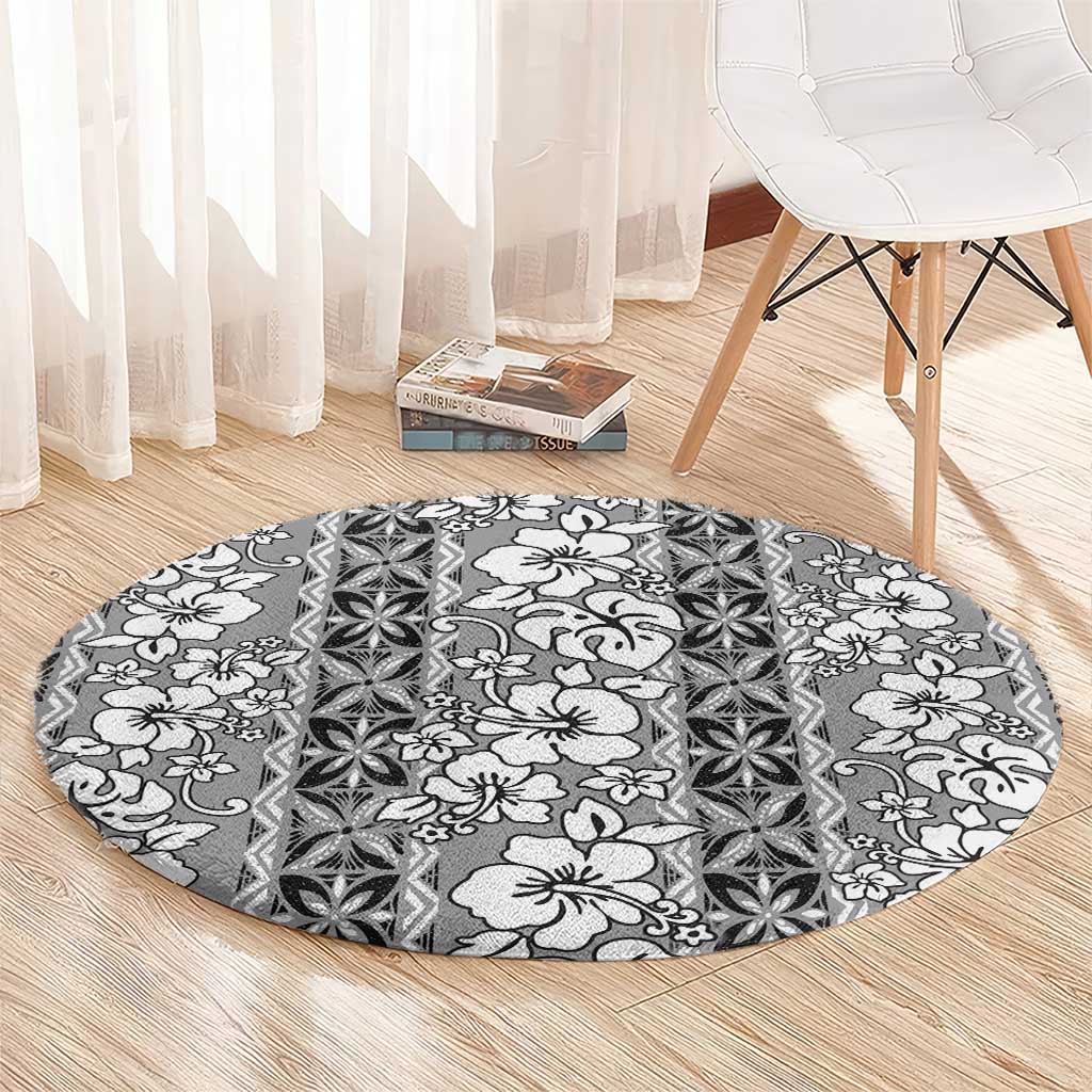Hawaii Vintage Gray Hibiscus Tapa Pattern Round Carpet LT05 - Polynesian Pride