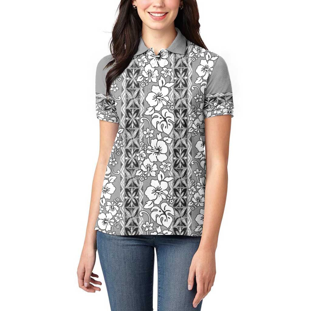 Hawaii Vintage Gray Hibiscus Tapa Pattern Women Polo Shirt LT05 - Polynesian Pride