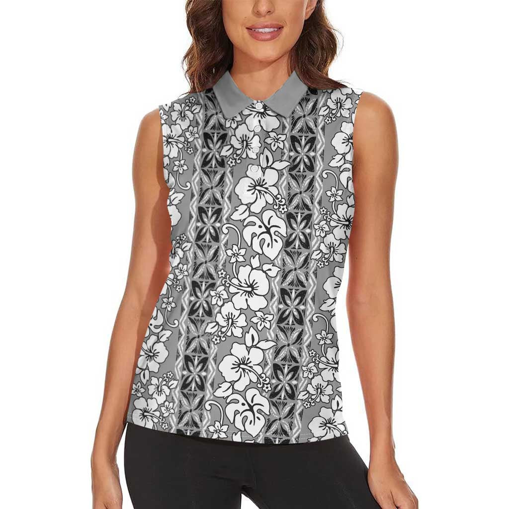 Hawaii Vintage Gray Hibiscus Tapa Pattern Women Sleeveless Polo Shirt