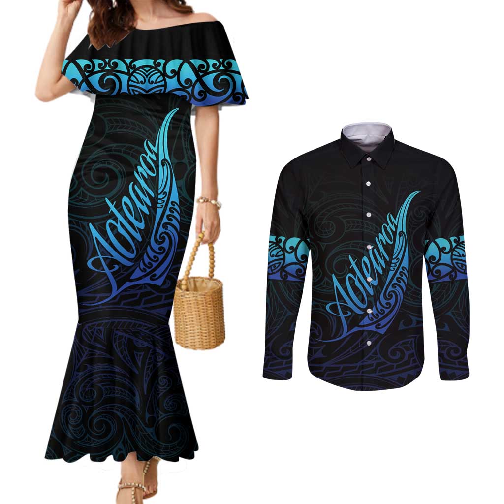 Aotearoa New Zealand Couples Matching Mermaid Dress and Long Sleeve Button Shirt Koru Fern Blue Gradient LT05 Blue - Polynesian Pride