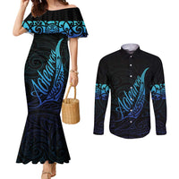 Aotearoa New Zealand Couples Matching Mermaid Dress and Long Sleeve Button Shirt Koru Fern Blue Gradient LT05 Blue - Polynesian Pride