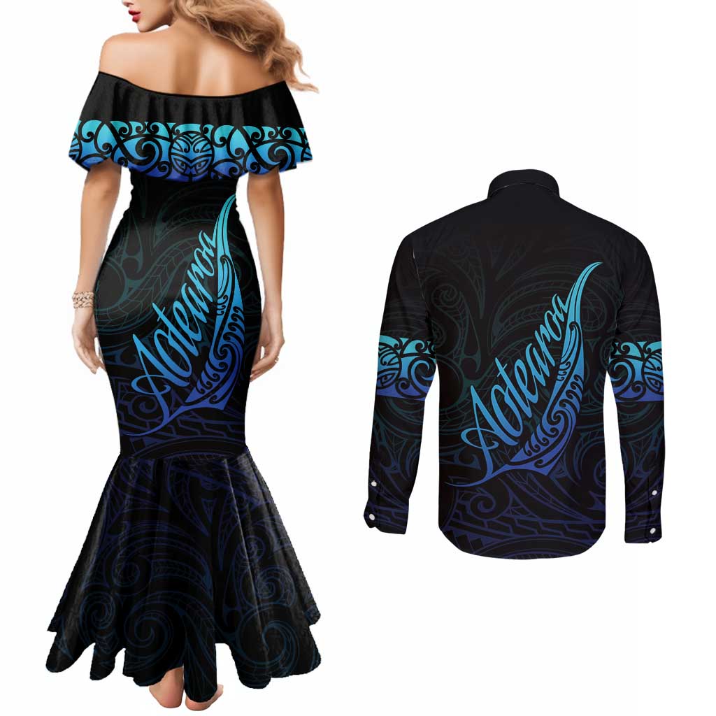 Aotearoa New Zealand Couples Matching Mermaid Dress and Long Sleeve Button Shirt Koru Fern Blue Gradient LT05 - Polynesian Pride