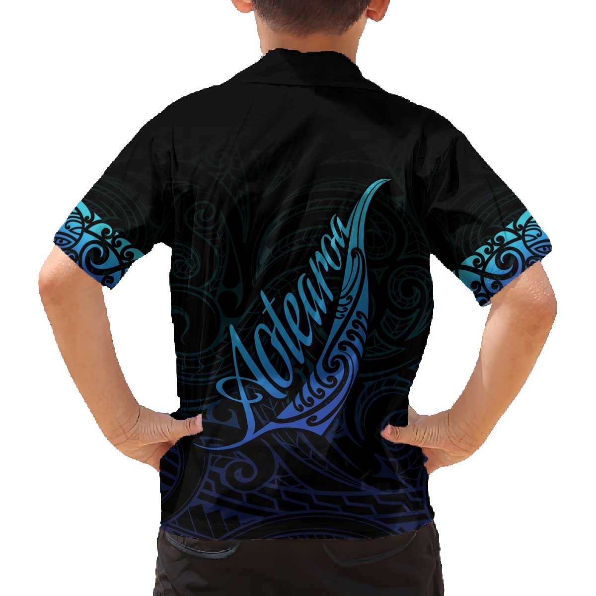 Aotearoa New Zealand Family Matching Off Shoulder Short Dress and Hawaiian Shirt Koru Fern Blue Gradient