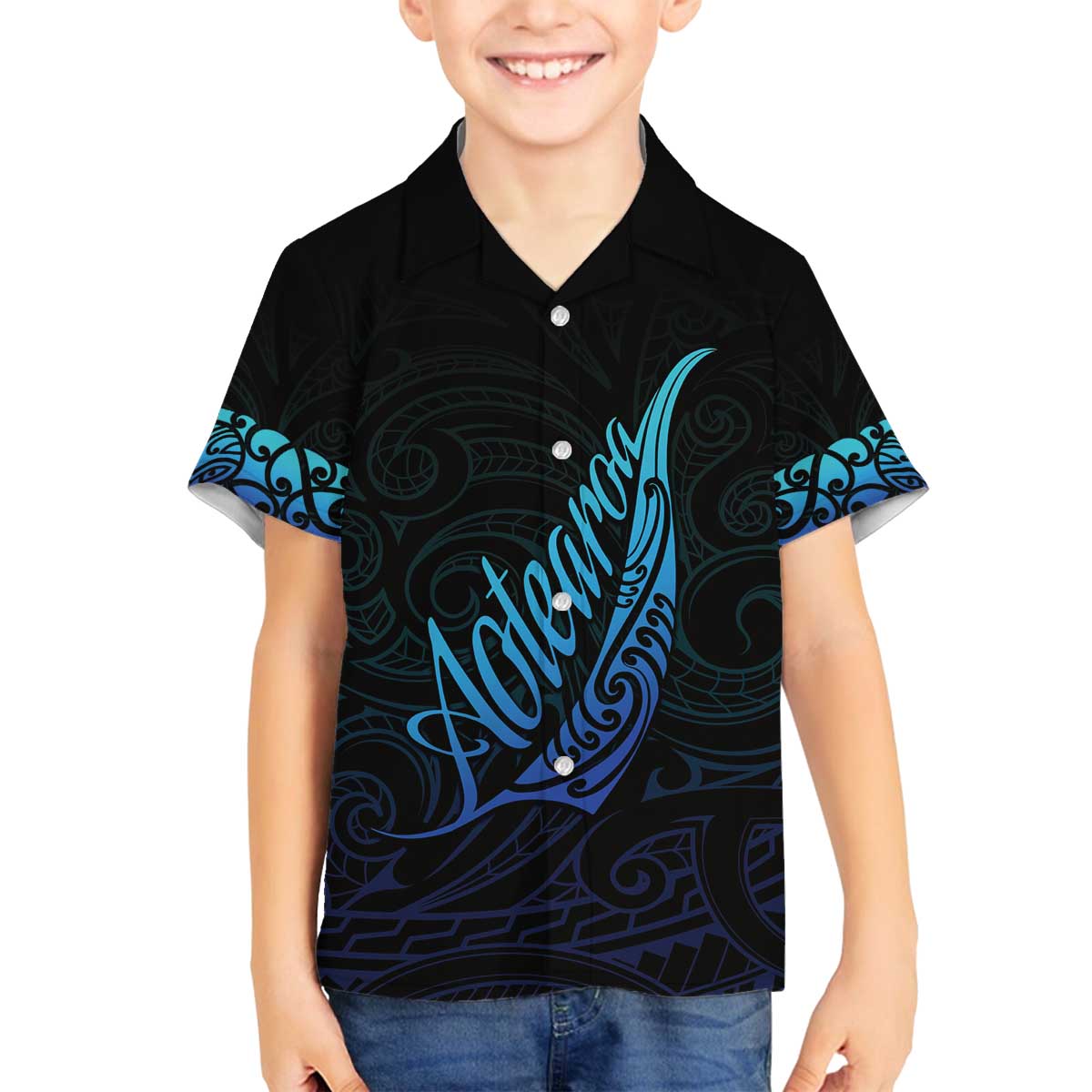 Aotearoa New Zealand Family Matching Off Shoulder Short Dress and Hawaiian Shirt Koru Fern Blue Gradient