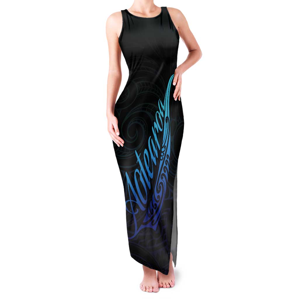 Aotearoa New Zealand Tank Maxi Dress Koru Fern Blue Gradient