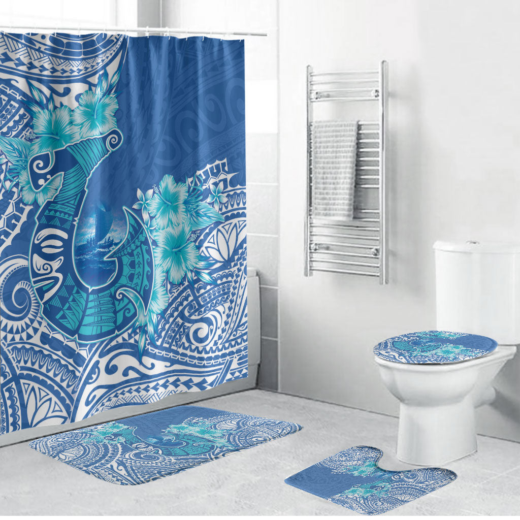 Hawaii Discoverers Day Bathroom Set Polynesian Fish Hook With Hibiscus Blue LT05 Bathroom Set (4 pcs) Blue - Polynesian Pride