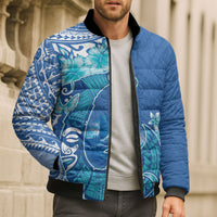 Hawaii Discoverers Day Bomber Puffer Jacket Polynesian Fish Hook With Hibiscus Blue LT05 - Polynesian Pride