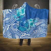 Hawaii Discoverers Day Hooded Blanket Polynesian Fish Hook With Hibiscus Blue LT05 - Polynesian Pride
