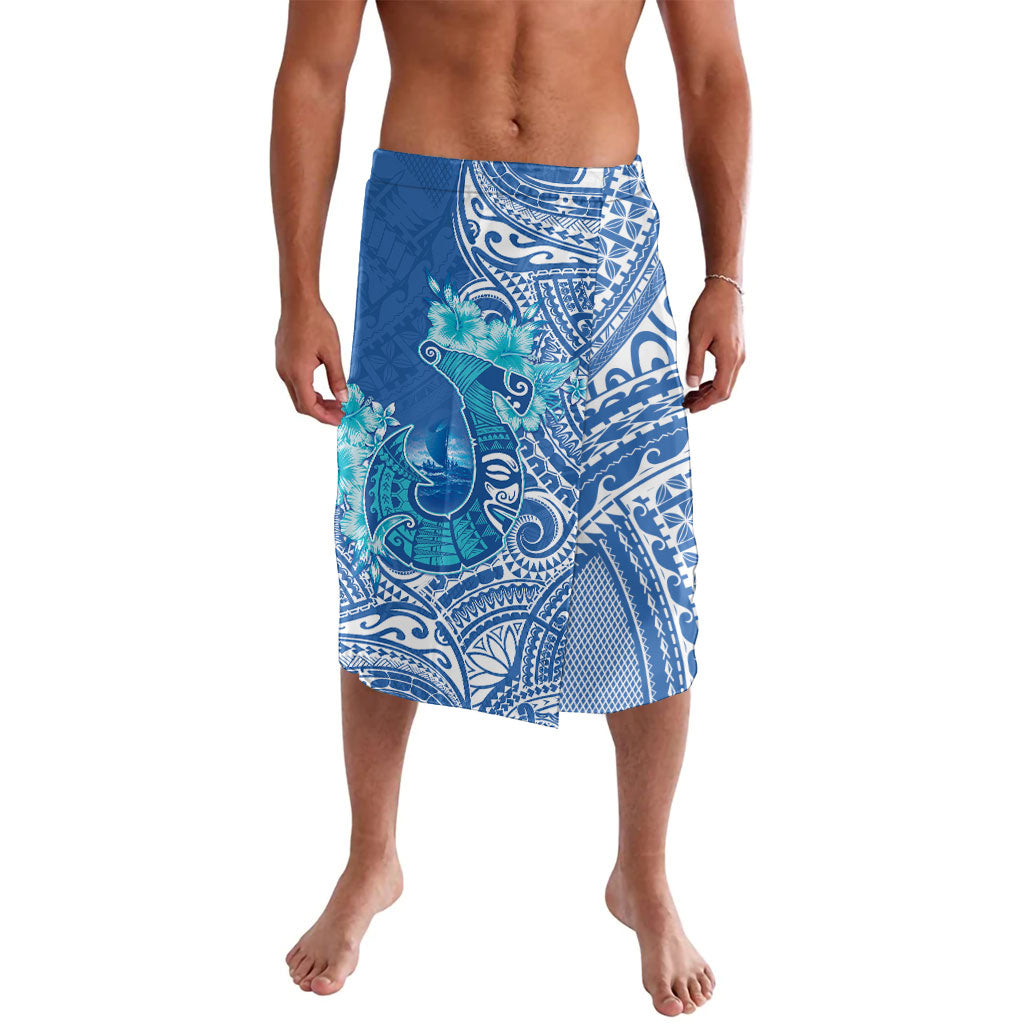 Hawaii Discoverers Day Lavalava Polynesian Fish Hook With Hibiscus Blue LT05 Blue - Polynesian Pride