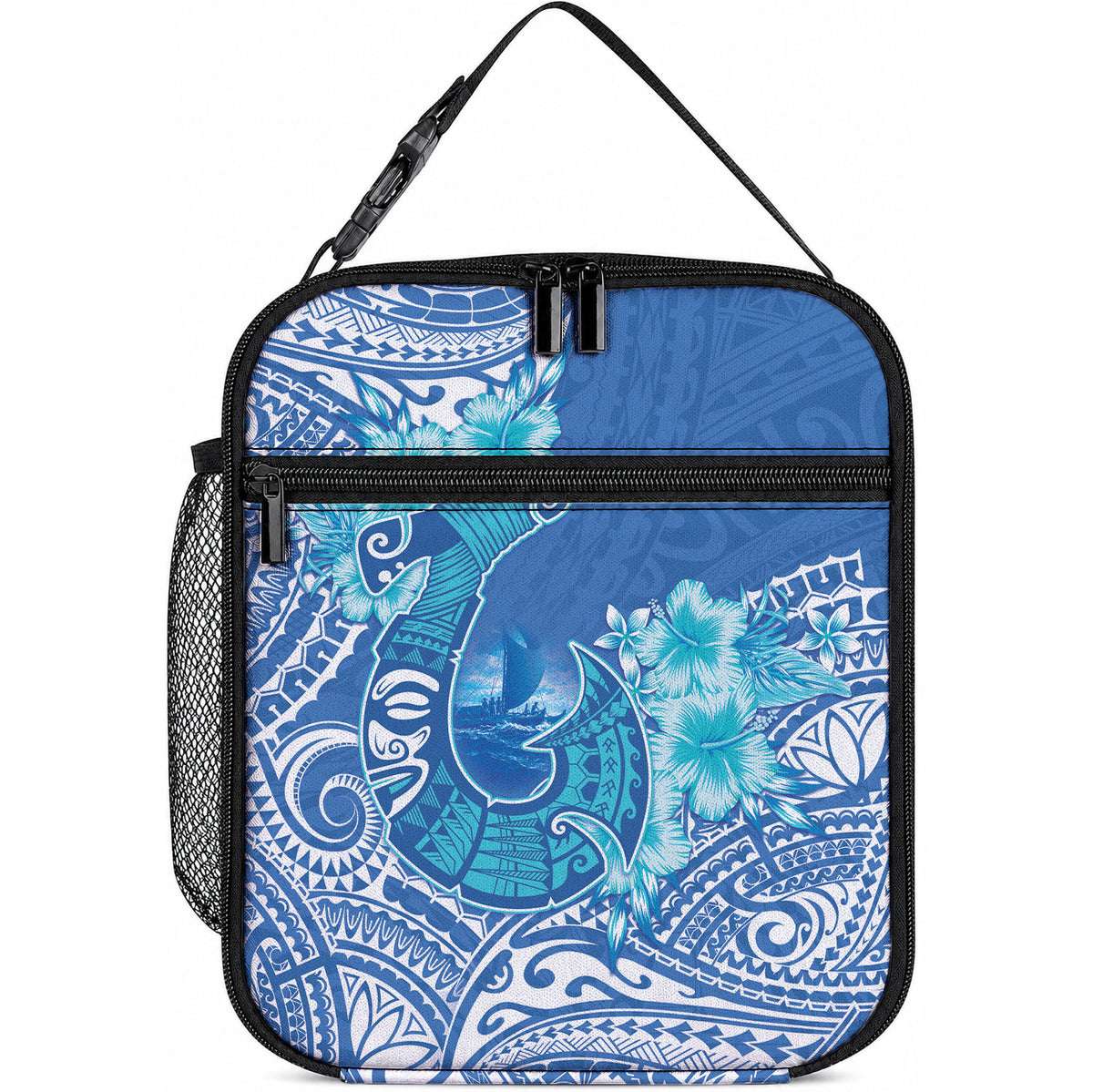 Hawaii Discoverers Day Lunch Bag Polynesian Fish Hook With Hibiscus Blue LT05 10.2 × 8.3 × 4.3 inch Blue - Polynesian Pride