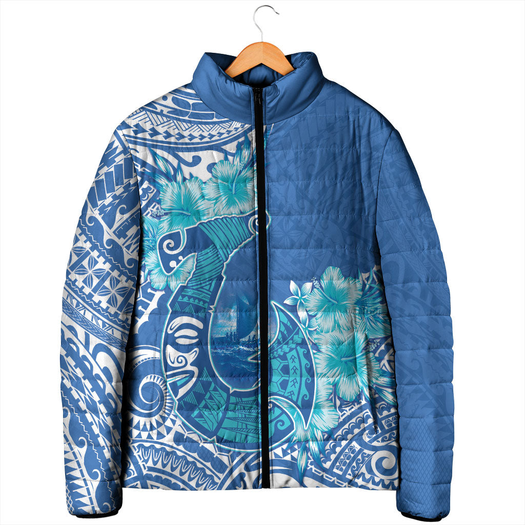 Hawaii Discoverers Day Padded Jacket Polynesian Fish Hook With Hibiscus Blue LT05 - Polynesian Pride