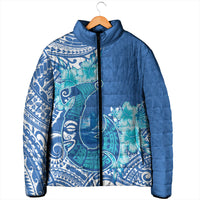 Hawaii Discoverers Day Padded Jacket Polynesian Fish Hook With Hibiscus Blue LT05 - Polynesian Pride