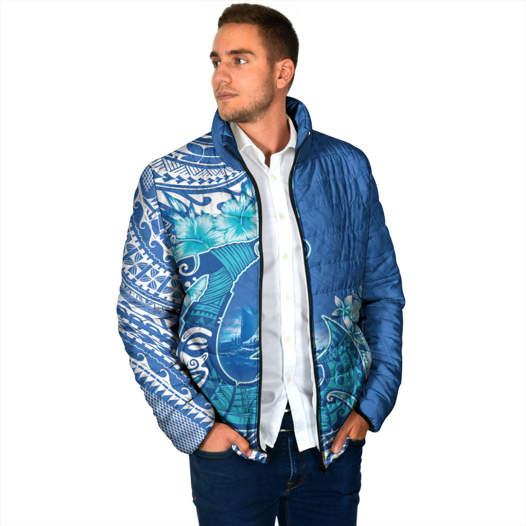 Hawaii Discoverers Day Padded Jacket Polynesian Fish Hook With Hibiscus Blue LT05 - Polynesian Pride