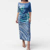 Hawaii Discoverers Day Puletasi Polynesian Fish Hook With Hibiscus Blue LT05 Long Dress Blue - Polynesian Pride