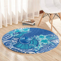 Hawaii Discoverers Day Round Carpet Polynesian Fish Hook With Hibiscus Blue LT05 - Polynesian Pride