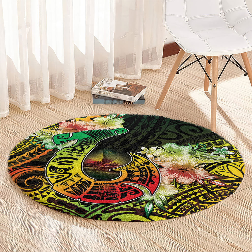 Hawaii Discoverers Day Round Carpet Polynesian Fish Hook With Hibiscus Reggae LT05 - Polynesian Pride