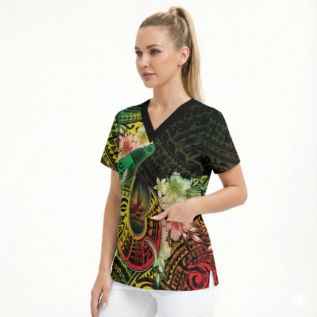 Hawaii Discoverers Day Scrub Top Polynesian Fish Hook With Hibiscus Reggae LT05 - Polynesian Pride
