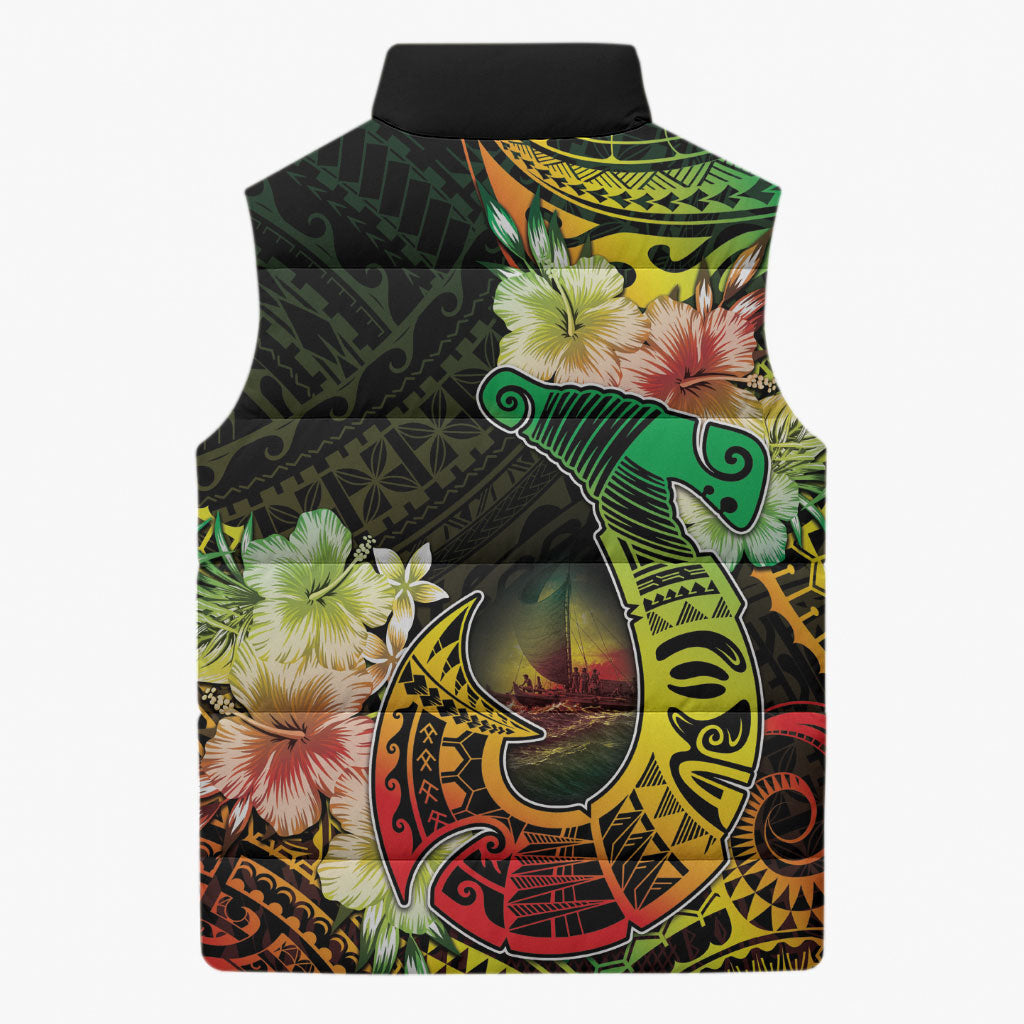Hawaii Discoverers Day Sleeveless Puffer Jacket Polynesian Fish Hook With Hibiscus Reggae LT05 - Polynesian Pride