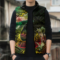 Hawaii Discoverers Day Sleeveless Puffer Jacket Polynesian Fish Hook With Hibiscus Reggae LT05 - Polynesian Pride