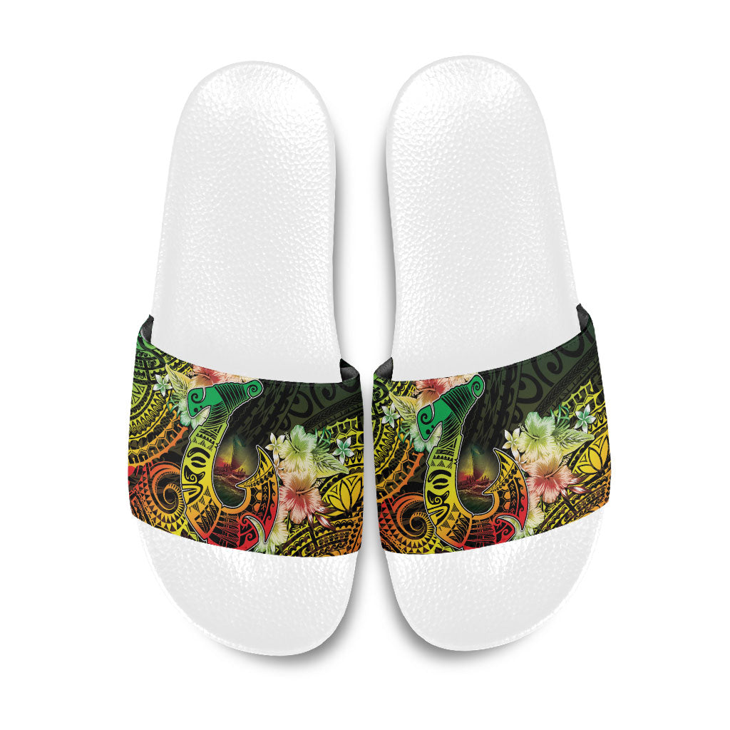 Hawaii Discoverers Day Slide Sandals Polynesian Fish Hook With Hibiscus Reggae LT05 Reggae - Polynesian Pride
