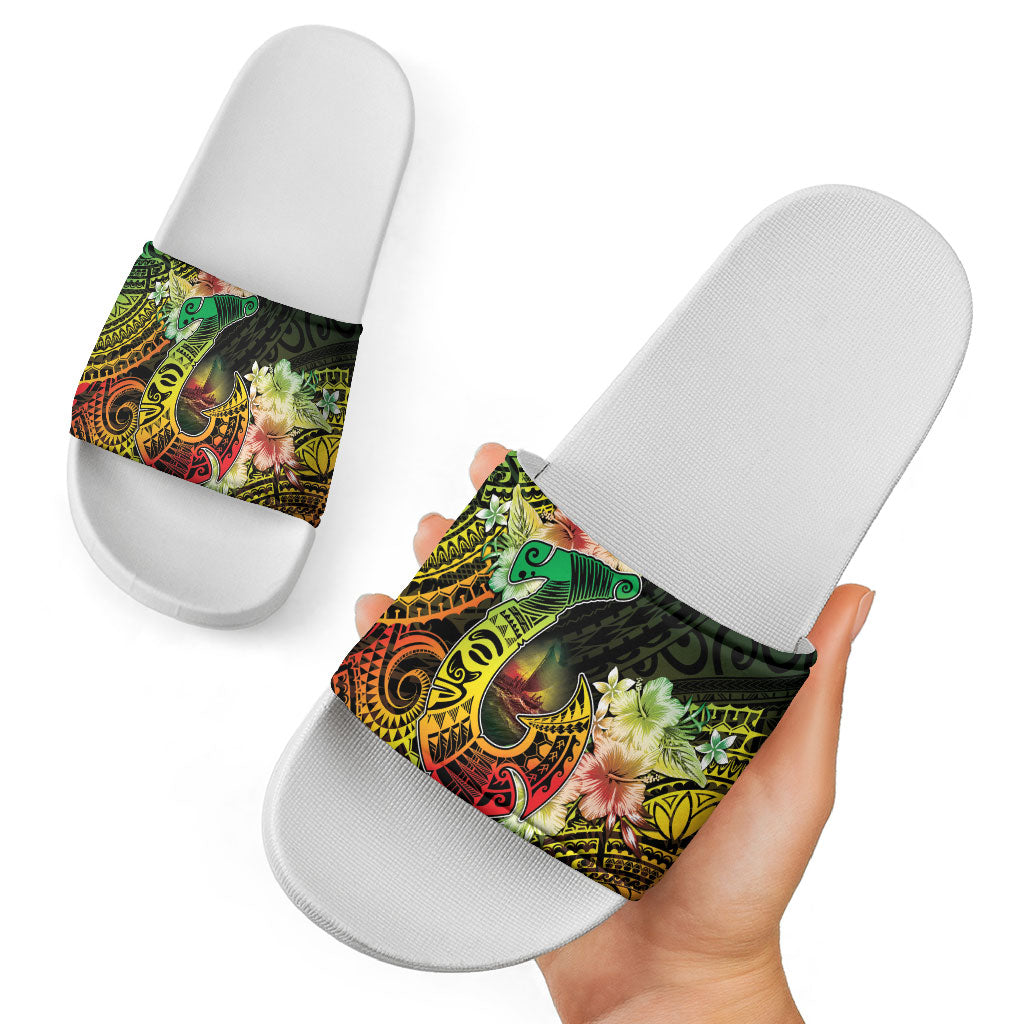 Hawaii Discoverers Day Slide Sandals Polynesian Fish Hook With Hibiscus Reggae LT05 - Polynesian Pride