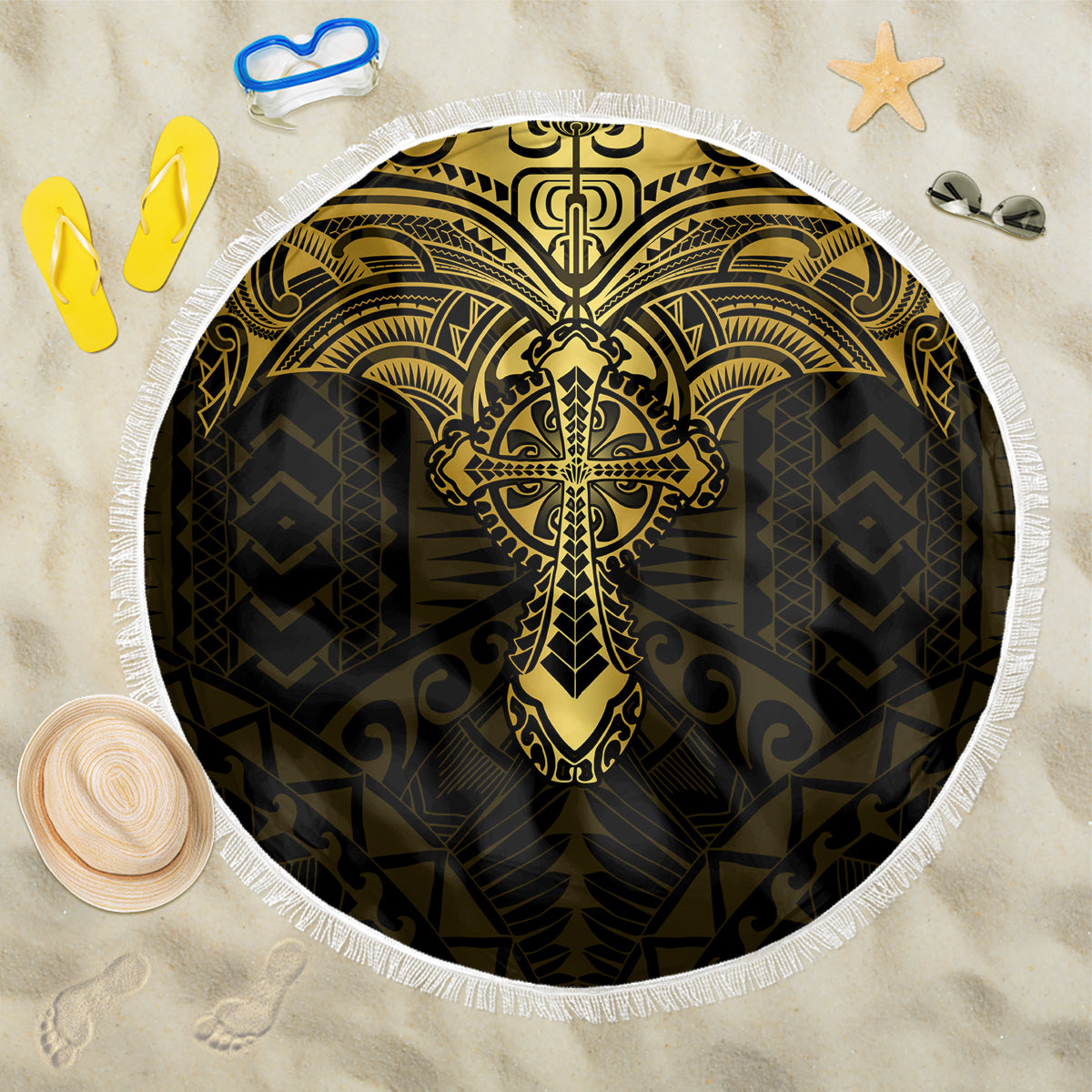 Polynesia Beach Blanket With Christian Cross LT05 One Size 150cm Gold - Wonder Print Shop