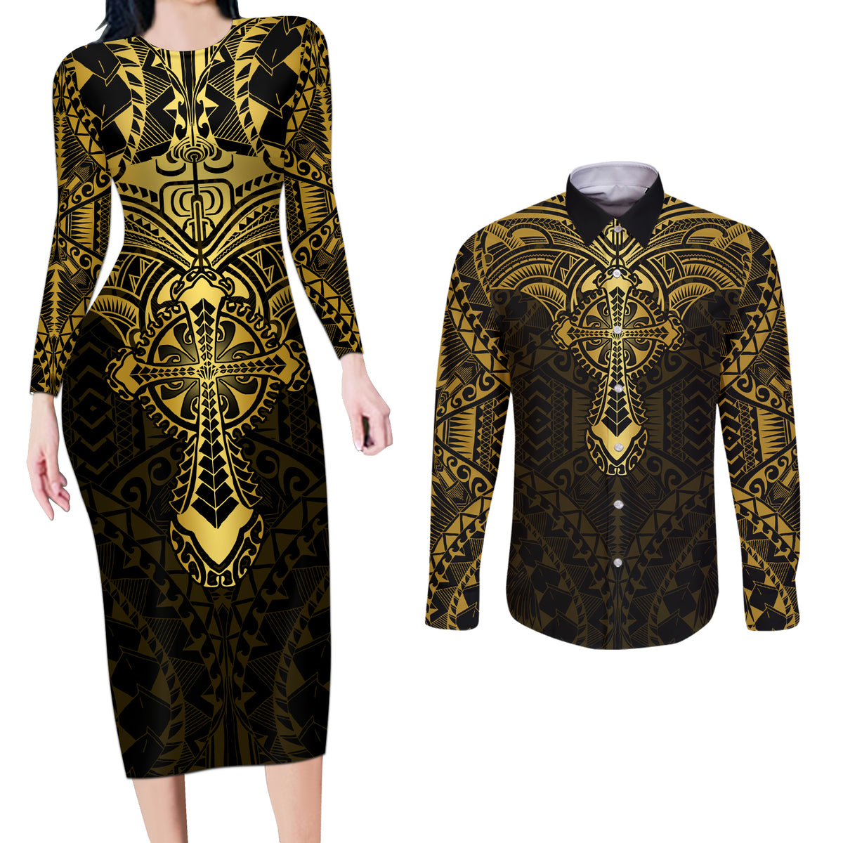 Personalized Polynesia Couples Matching Long Sleeve Bodycon Dress and Long Sleeve Button Shirt With Christian Cross LT05 Gold - Polynesian Pride