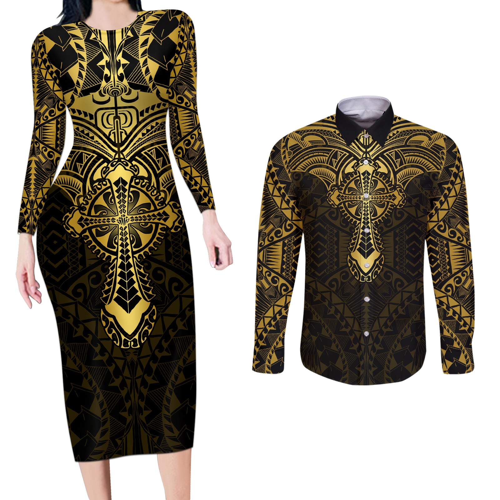 Personalized Polynesia Couples Matching Long Sleeve Bodycon Dress and Long Sleeve Button Shirt With Christian Cross LT05 Gold - Polynesian Pride