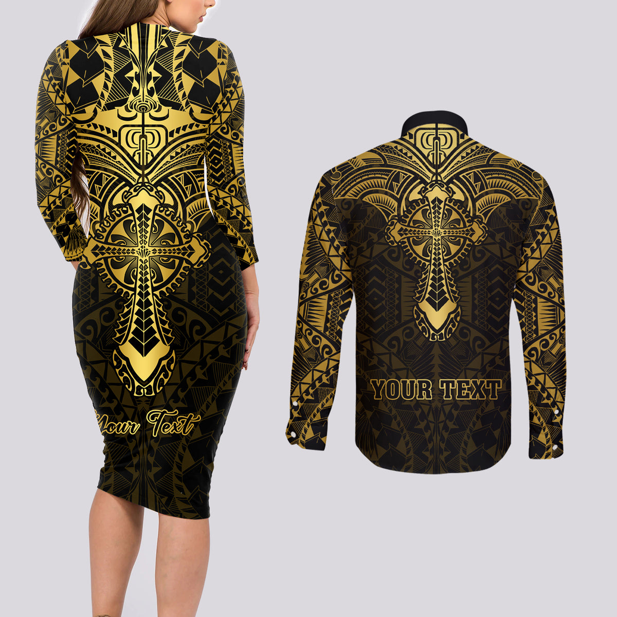 Personalized Polynesia Couples Matching Long Sleeve Bodycon Dress and Long Sleeve Button Shirt With Christian Cross LT05 - Polynesian Pride