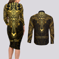 Personalized Polynesia Couples Matching Long Sleeve Bodycon Dress and Long Sleeve Button Shirt With Christian Cross LT05 - Polynesian Pride