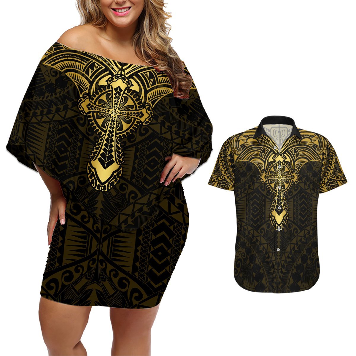 Personalized Polynesia Couples Matching Off Shoulder Short Dress and Hawaiian Shirt With Christian Cross LT05 Gold - Polynesian Pride
