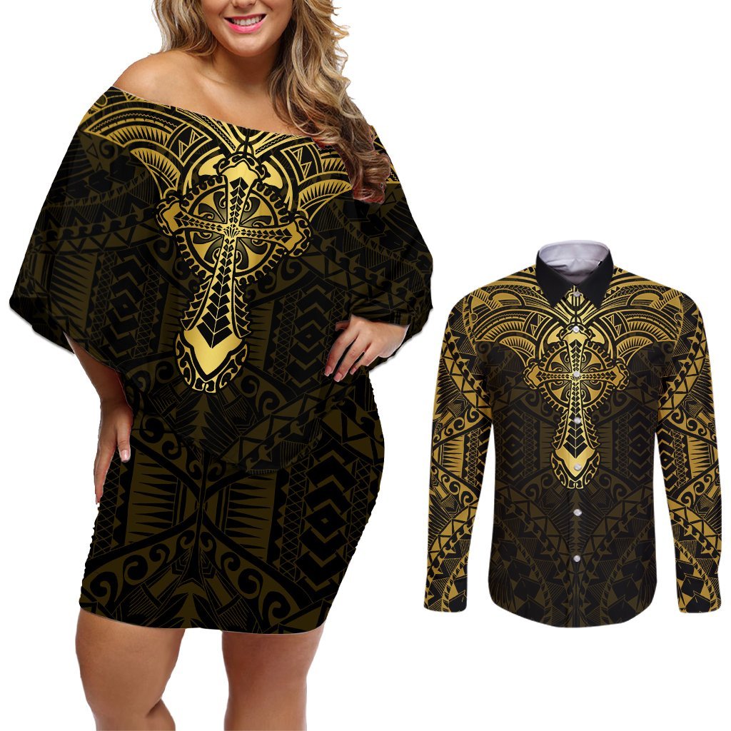 Personalized Polynesia Couples Matching Off Shoulder Short Dress and Long Sleeve Button Shirt With Christian Cross LT05 Gold - Polynesian Pride