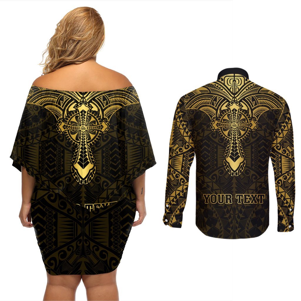 Personalized Polynesia Couples Matching Off Shoulder Short Dress and Long Sleeve Button Shirt With Christian Cross LT05 - Polynesian Pride