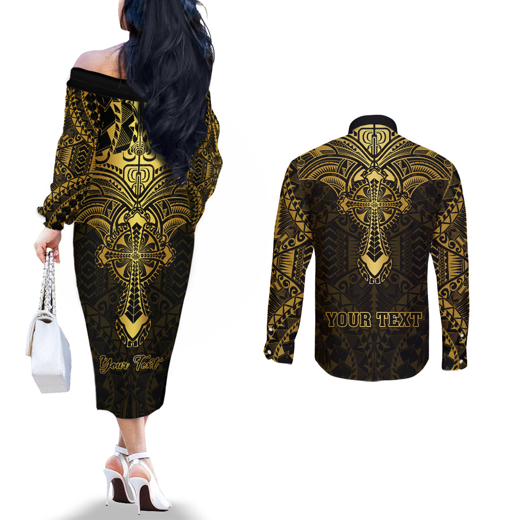Personalized Polynesia Couples Matching Off The Shoulder Long Sleeve Dress and Long Sleeve Button Shirt With Christian Cross LT05 - Polynesian Pride