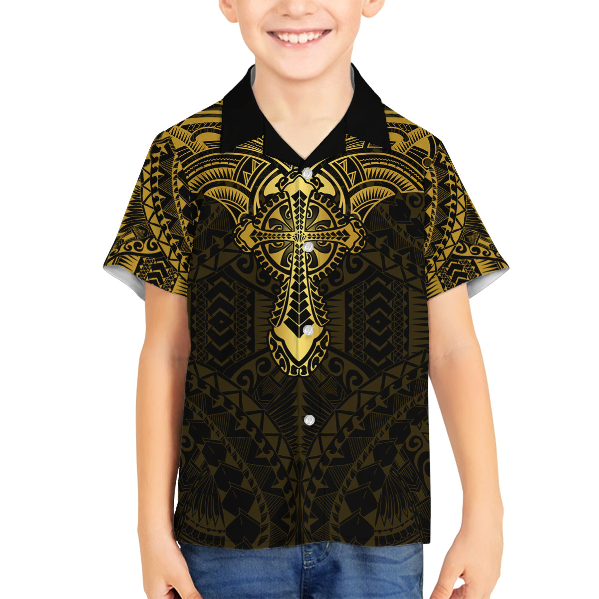 Personalized Polynesia Family Matching Puletasi Dress and Hawaiian Shirt With Christian Cross LT05 Son's Shirt Gold - Polynesian Pride