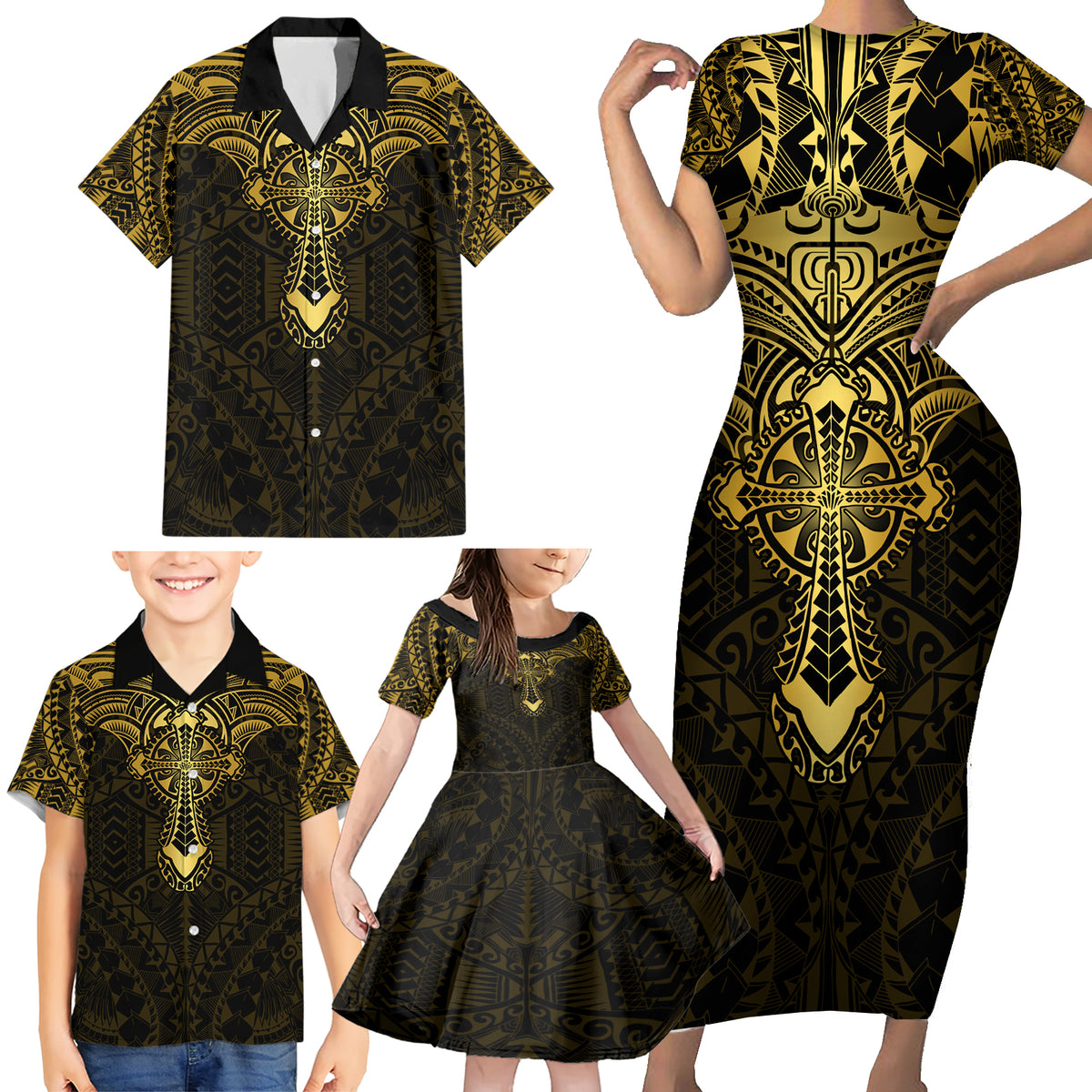 Personalized Polynesia Family Matching Short Sleeve Bodycon Dress and Hawaiian Shirt With Christian Cross LT05 - Polynesian Pride