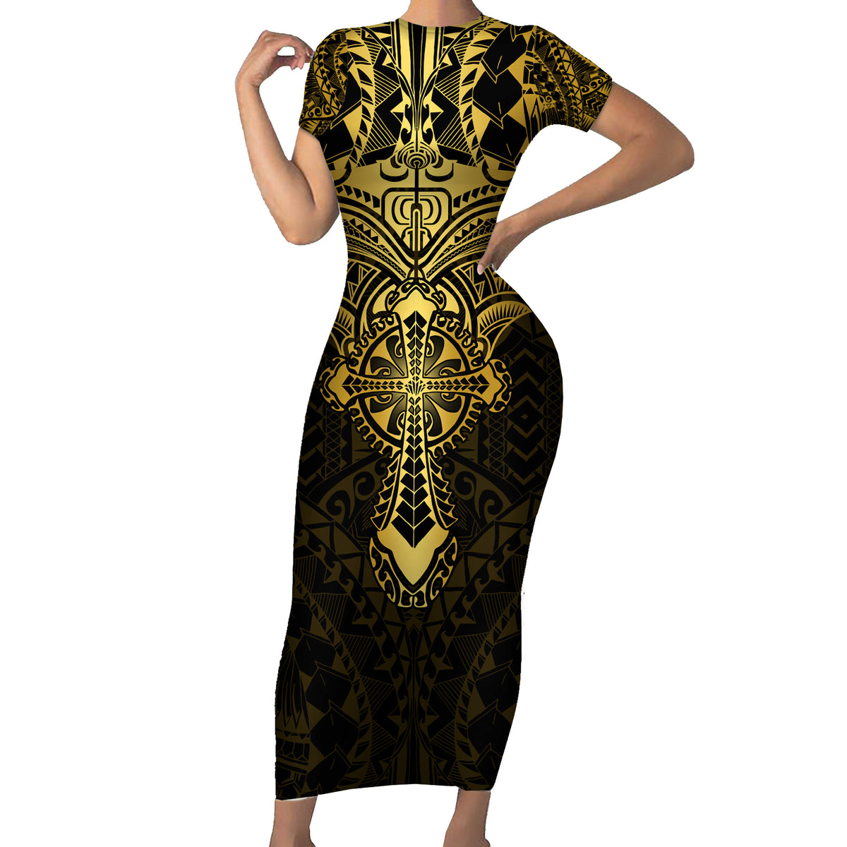 Personalized Polynesia Family Matching Short Sleeve Bodycon Dress and Hawaiian Shirt With Christian Cross LT05 Mom's Dress Gold - Polynesian Pride