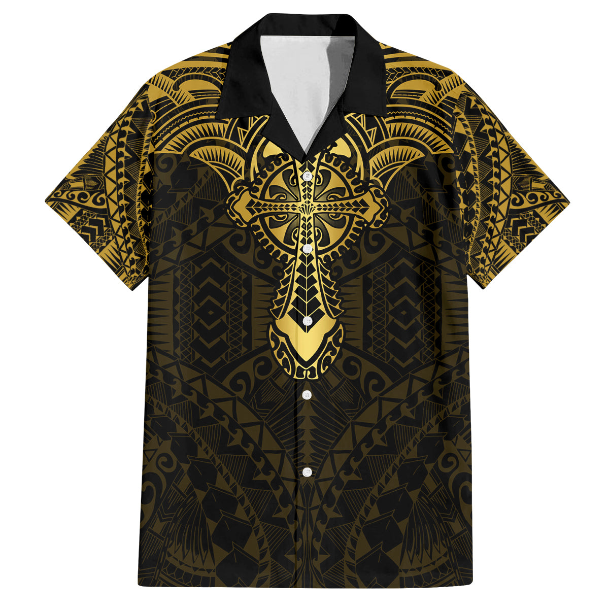 Personalized Polynesia Family Matching Summer Maxi Dress and Hawaiian Shirt With Christian Cross LT05 Dad's Shirt - Short Sleeve Gold - Polynesian Pride