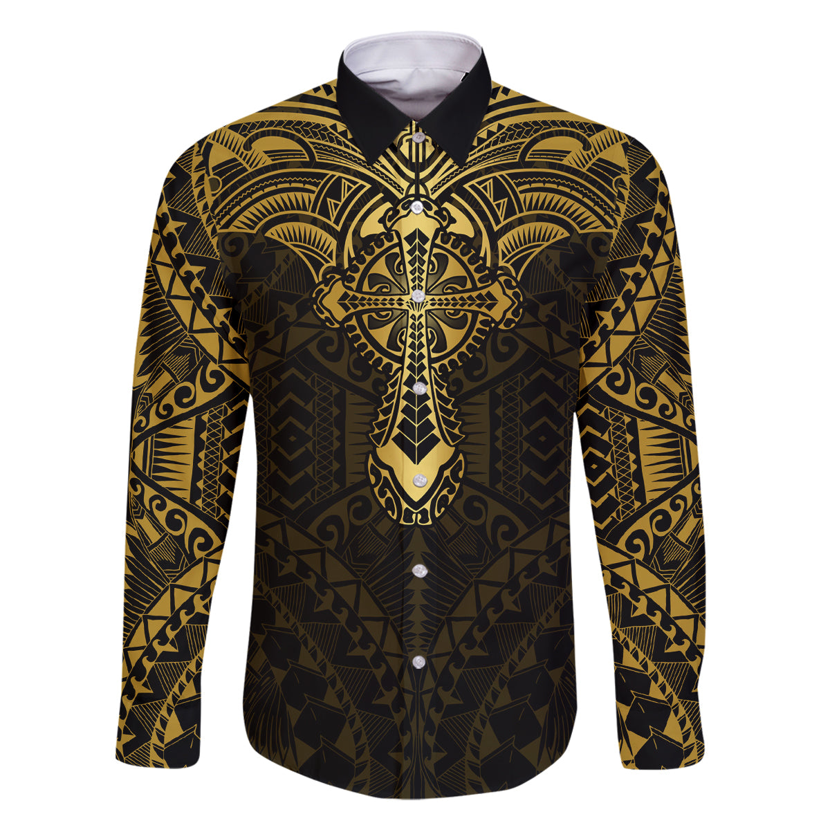 Personalized Polynesia Family Matching Summer Maxi Dress and Hawaiian Shirt With Christian Cross LT05 Dad's Shirt - Long Sleeve Gold - Polynesian Pride