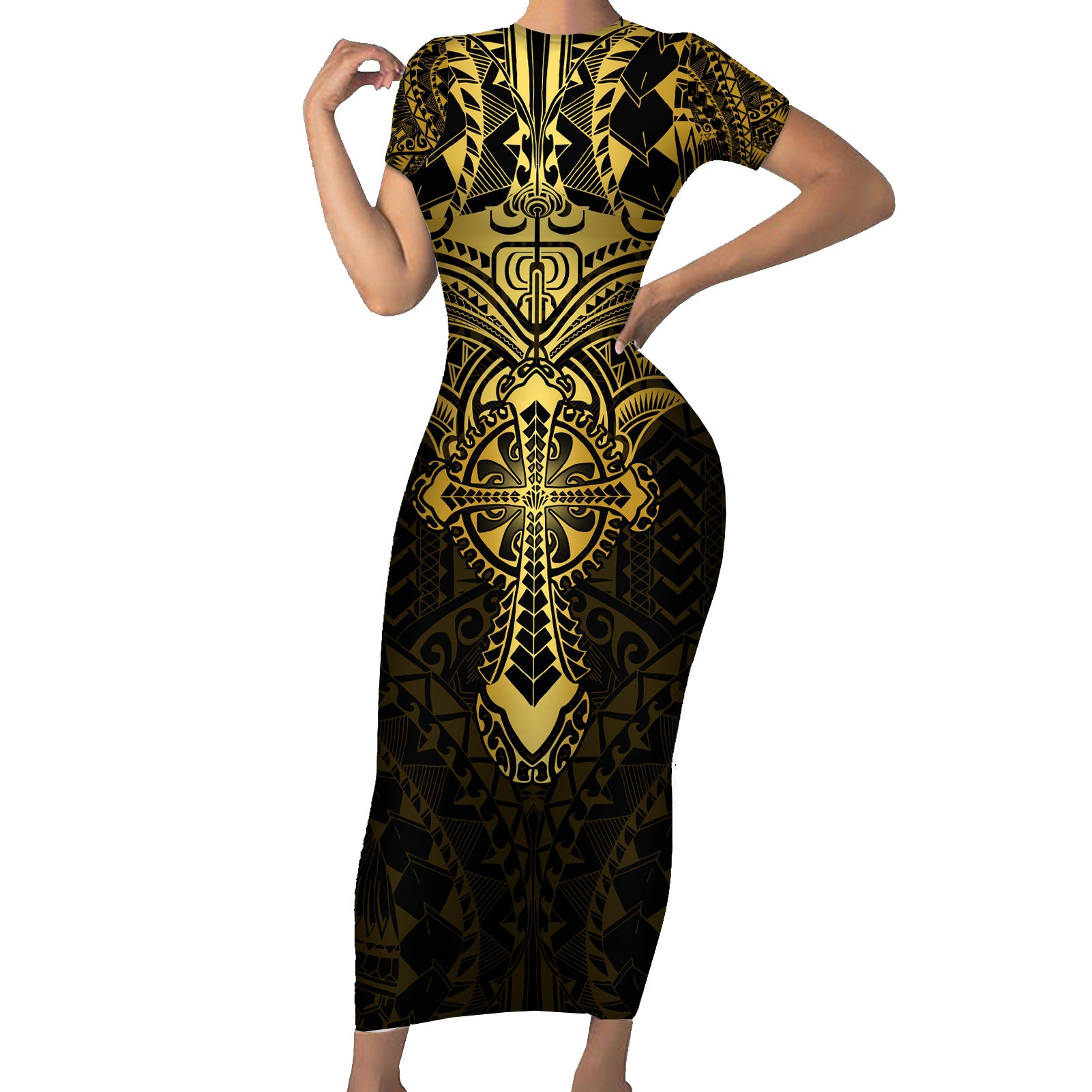 Personalized Polynesia Short Sleeve Bodycon Dress With Christian Cross LT05 Long Dress Gold - Polynesian Pride